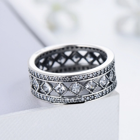 Anello A Fascia Larga Con Rombo Cavo Argento Sterling 925 Zirconia Cubica Geometrico Pavé Per Donna