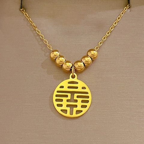 Collar Con Colgante De Doble Felicidad De Acero Inoxidable Cuentas Redondas Choker Minimalista Para Mujeres Joyería Estilo Coreano