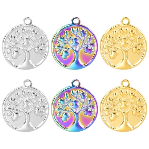 Collana Con Ciondolo Albero Della Vita In Acciaio Inossidabile Tondo Goffrato Finitura A Specchio Placcatura Sottovuoto Arcobaleno Oro Argento Per Donna