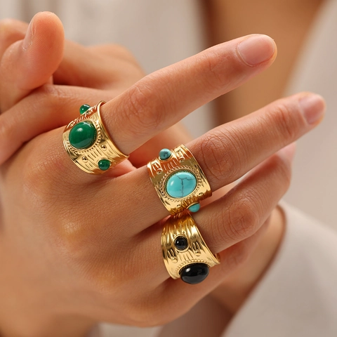 Vintage Stainless Steel Open Ring French Style PVD Gold Plated Turquoise Look Adjustable Finger Ring for Women Jewelry