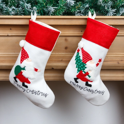 Nordic Style Christmas Stocking Velvet Felt Embroidered Santa Gnome Hanging Candy Gift Bag Fireplace Holiday Home Decor