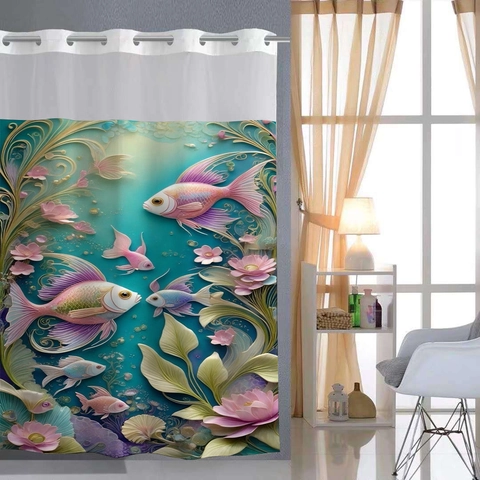 3D Geprint Douchegordijn Waterdichte Polyester Stof Haakloos Ontwerp Dubbele Laag Met Afneembare Voering Voor Badkamer