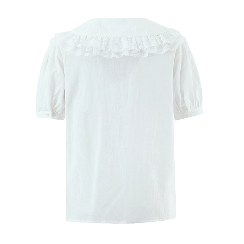 Women White Short Sleeve Modal Cotton Blouse With Lace Peter Pan Collar Button Down Sweet Retro Fashion Shirt