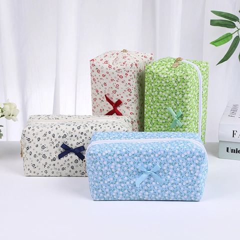 Trousse De Maquillage Mignonne En Coton Floral Avec Nœud Grande Capacité Voyage Organisateur De Maquillage Portable