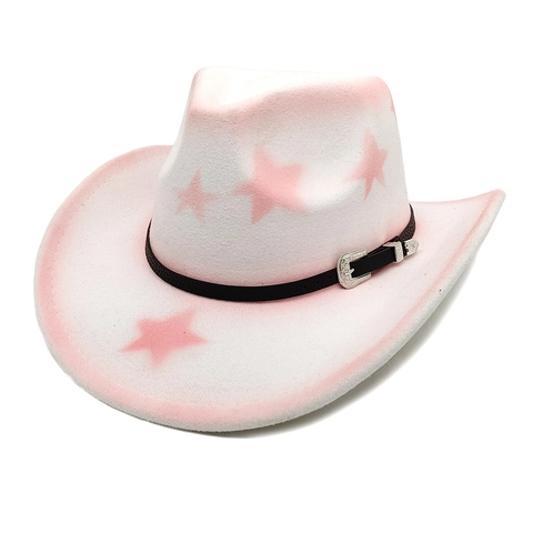 Western Cowboy Hat Cotton Polyester Felt Wide Brim Star Pattern Vintage Belt Buckle Sun Protection Outdoor Unisex