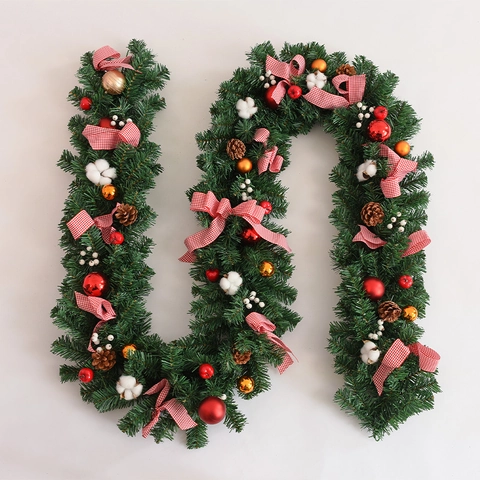 Guirlande Navideña Aguja De Pino Artificial Lazos De Cuadros Piñas Bayas Adornos Decoración Del Hogar Estilo Clásico Festivo