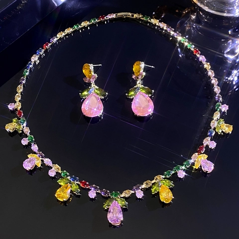 Ensemble de Bijoux Luxueux Collier et Boucles d'Oreilles en Alliage de Zinc Zircon Multicolore Goutte d'Eau Feuille Femme Fête Banquet