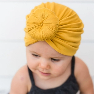 Soft Baby Turban Hat Donut Knot Pleated Stretch Polyester Cotton Indian Beanie Cap For Newborn Toddler Infant Solid Color