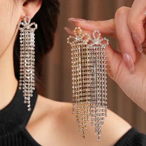 Lange Quasten-Ohrhänger Für Damen Mit Silber-Ohrstecker Kupfer-Strass-Schleife Vintage Eleganter Party-Schmuck