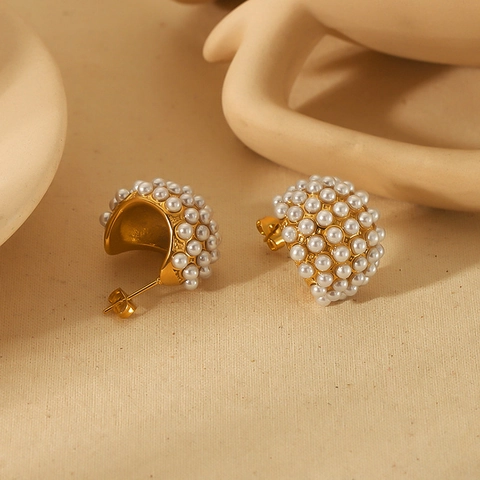 Vintage Klobige Halbe Creolen 18K Vergoldeter Edelstahl Mit Pavé CZ Und Imitationsperlen Für Damen