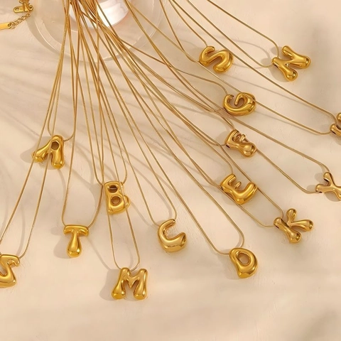 Stainless Steel 18K Gold Plated Initial Letter Pendant Serpent Chain Necklace Bubble Jewelry Non-Fading Unisex