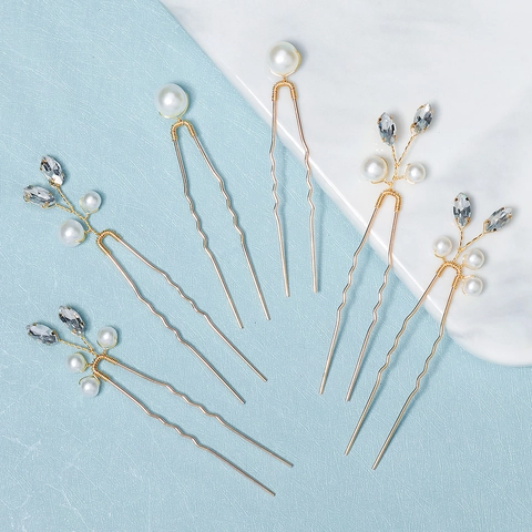 Elegant Gold Alloy Bridal Hair Pins With Artificial Pearls And Rhinestones U Shaped Hair Sticks For Wedding Party Women