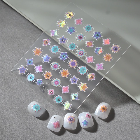 Adesivi Per Unghie Laser Olografici Fiori Bohemien In Rilievo Gradiente Luce Di Conchiglia Impermeabile Decalcomanie DIY