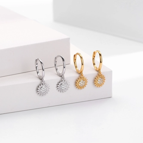 Pendientes Colgantes de Girasol de Plata de Ley 925 Pendientes de Aro Redondos con Circonia Micro Incrustada Joyas para Mujer