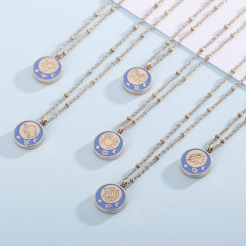 Sternzeichen Horoskop Anhänger Halskette Edelstahl Emaille Blaue Runde Münze Perlenkette Modeschmuck Damen
