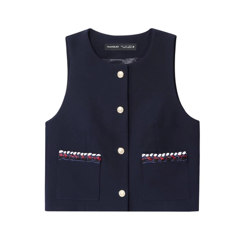 Dames Vest En Shorts Mouwloos Ronde Hals Gouden Knoppen Gevlochten Bies Elegant Casual Chique Marineblauw