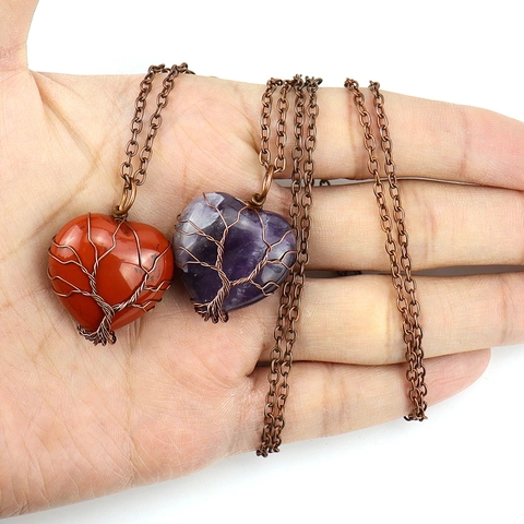 Heart Natural Crystal Stone Pendant Necklace Iron Alloy Chain Antique Copper Tree Of Life Wire Wrapped Woven Retro Jewelry