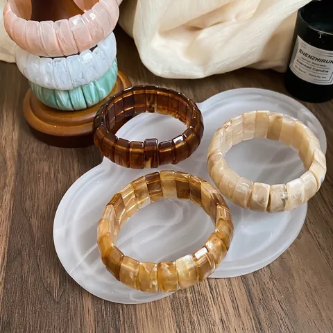 Resin Elastic Block Bracelet Wide Marble Tortoiseshell Texture French Vintage Niche Design Bangle For Women