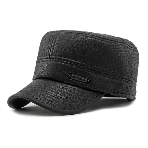 Men PU Leather Cadet Cap Warm Flat Top Military Hat For Winter Ear Protection Adjustable Outdoor Solid Color