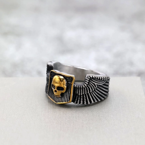 Skull Ring Stainless Steel Biker Punk Gothic Retro Gold Emblem Wing Texture Band Jewelry For Men Women