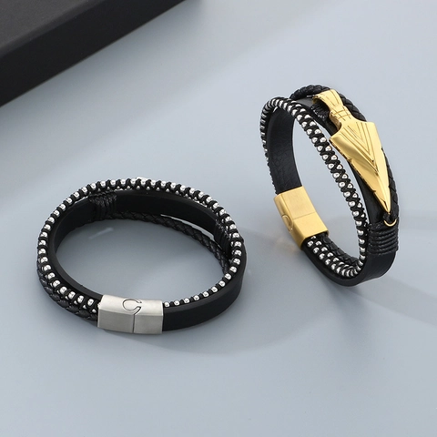 Pulsera Cuero Multicapa Hombre Acero Inoxidable Colgante Flecha Punk Tejida Cuentas Con Cierre Magnético