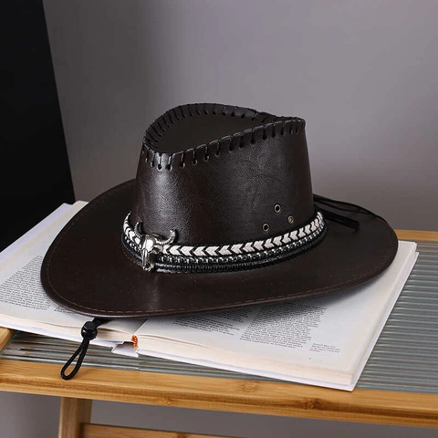 Western Cowboy Hat PU Leather Wide Brim Sunshade With Bull Head Ornament Adjustable Windproof Rope Retro Style