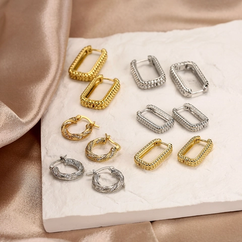 Rectangular Hoop Earrings Copper Micro Pave Zircon Twist Rope Texture Geometric Retro Fashion Jewelry For Women
