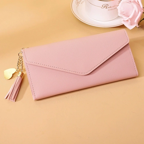 Lange Dames Portemonnee PU Leer Lychee Patroon Enveloppe Vouwen Portemonnee Met Kwastje Hart Hanger Mode