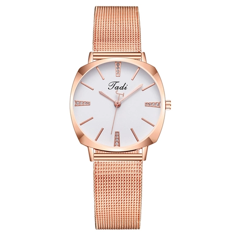 Women Quartz Wristwatch Rose Gold Metal Mesh Strap Rhinestone Accents Elegant Fashion Analog Luxury Ladies Watch