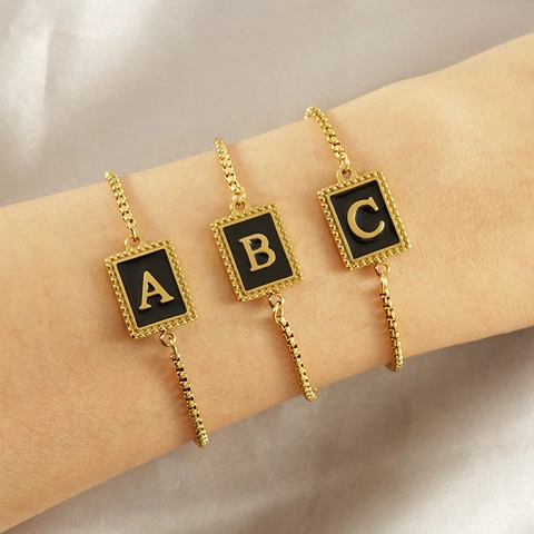 Stainless Steel Initial Bracelet 18K Gold Plated Black Enamel Rectangular Letter Pendant Adjustable Box Chain Simple Jewelry