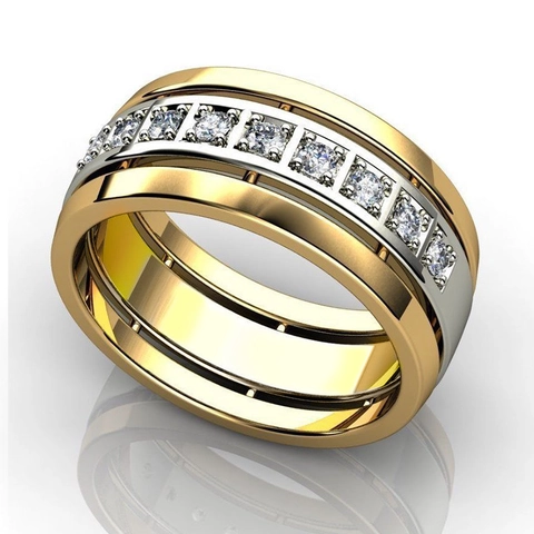 Two Tone Band Ring Copper Cubic Zirconia Inlay Wide Modern Simple Unisex Jewelry High Polish