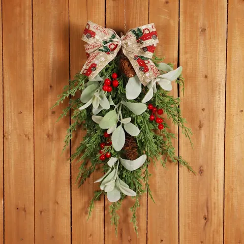 Christmas Teardrop Swag Artificial Inverted Tree With Pine Cones Red Berries Rabbit Ear Leaves Burlap Bow For Front Door Wall Hanging Rustic Decor