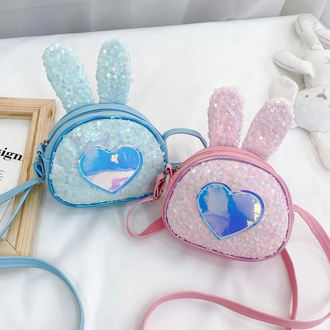 Sequin Kids Crossbody Bag PU Leather Sparkly Iridescent Rabbit Ear Heart Pattern Cute Fashion Princess Shoulder Bag Girls