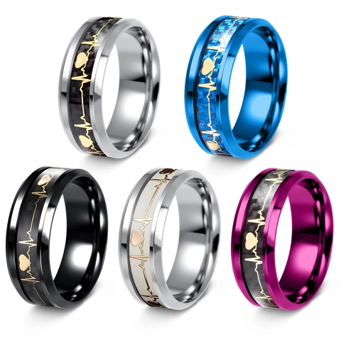Heartbeat EKG Heart Pattern Ring Titanium Steel Carbon Fiber Inlay Polished Band Fashion Jewelry For Men Women
