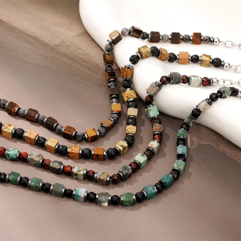 Natural Stone Beaded Bracelet Men Yellow Tiger Eye African Pine Hematite Stainless Steel Adjustable Handcrafted Gift