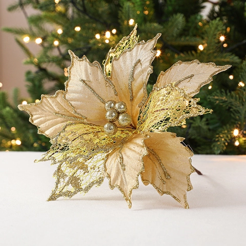 Glitter Artificial Poinsettia Flowers Mesh Fabric Christmas Tree Ornaments For Festive Home Party Decorations Holiday Decor