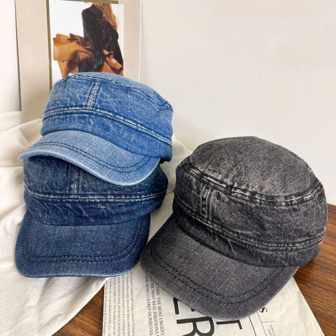 Washed Denim Cadet Cap For Women Retro Distressed Soft Brim Military Hat Foldable Sunshade Outdoor Casual Cotton Headwear
