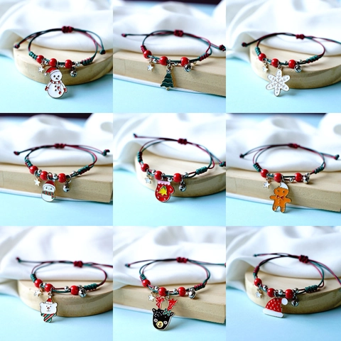 Christmas Woven Bracelet Alloy Enamel Santa Snowman Reindeer Pendant Adjustable Rope Holiday Gift For Couples