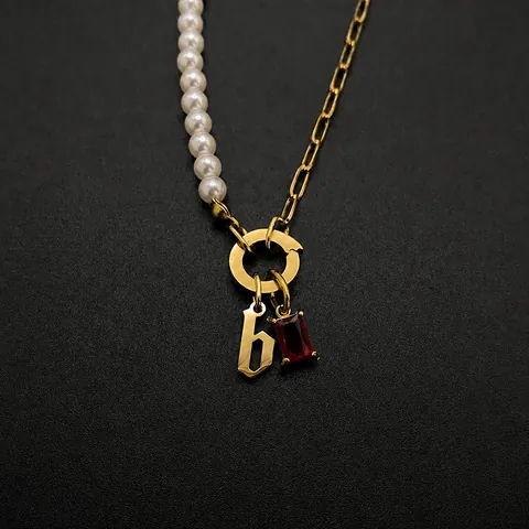 Stainless Steel Gothic Initial Necklace Artificial Pearl Spliced Rhinestone Pendant Choker Jewelry For Women
