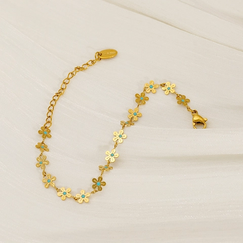 Flower Link Bracelet Stainless Steel 18K Gold Plated Blue Turquoise Inlay Summer Minimalist Style For Women