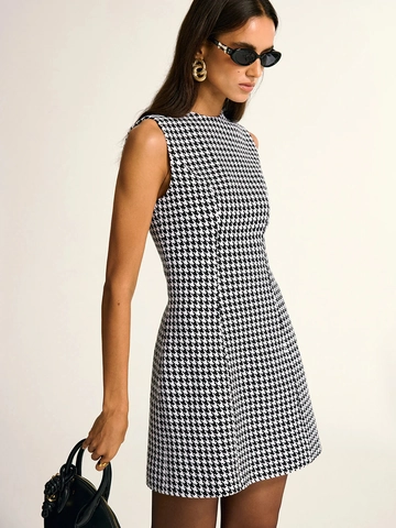 Hahnentritt Ärmelloses Minikleid Elegant Retro Rundhalsausschnitt Kariert Schmale Passform Polyester Mode Sommer Damen