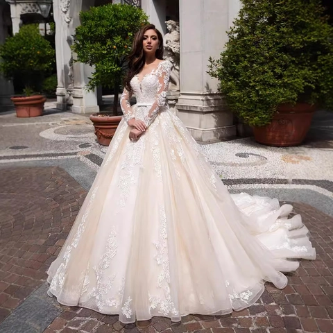 Long Sleeve Lace Wedding Dress Deep V Neck Tulle Cathedral Train Elegant Ball Gown Bridal Gown For Women