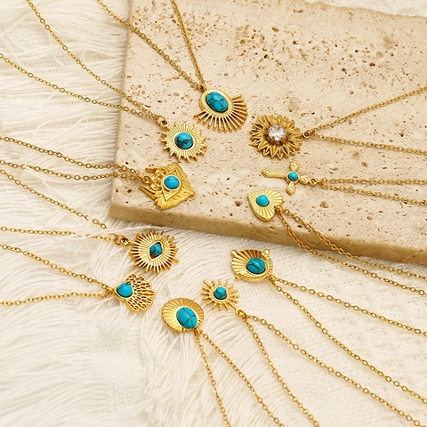 Collana Con Pendente Placcata Oro 18K Acciaio Inossidabile 304 Turchese Malocchio Girasole Cuore Croce Gioielli Vintage Donna