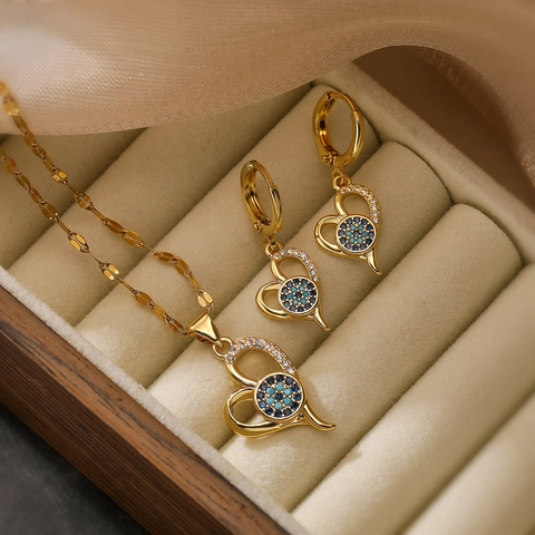 Collana E Orecchini Occhio Del Malocchio Cuore Rame Placcato Oro 18K Zirconia Gioielli Di Moda Per Donna