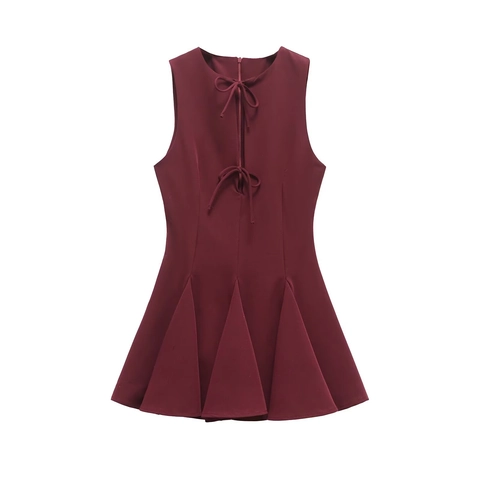 Damen Ärmelloses Plissee Kleid Schleife Rundhals Elegant Einfarbig A-Linie Party Kurz Mini Kleid