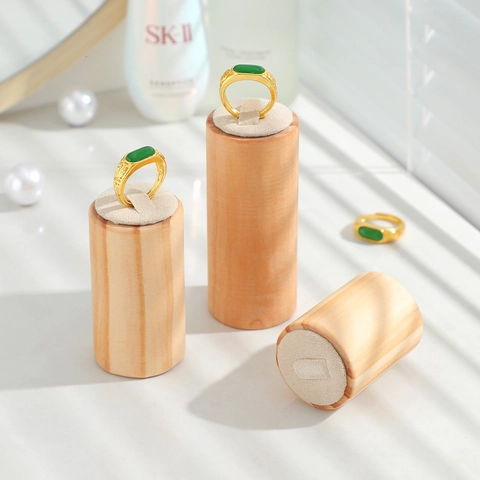 Solid Wood Ring Display Stand Cylindrical Jewelry Organizer Velvet Top Showcase Photography Prop