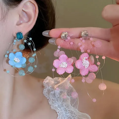 Blumen Stoff Hängeohrringe Mit 925 Sterling Silver Earring Post Glasperlen Strass Sommer Strand Schmuck Für Damen