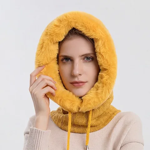 Winter Integrierter Schal Mit Kapuze Strickmütze Kunstpelzbesatz Thermisch Winddicht Gesichtsmaske Balaclava Ski Für Damen