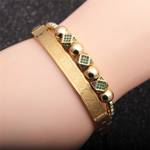 Bracelet Jonc Chiffres Romains Et Bracelet Tressé Zircon Vert Bijoux Acier Inoxydable Alliage Réglable Style Vintage Unisexe
