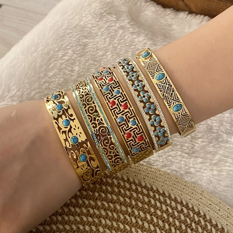 Vintage Hollow Out Bangle Bracelet Stainless Steel Turquoise Rhinestone Geometric Boho Gold Plated Jewelry For Women
